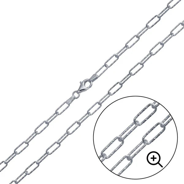 Rhodium Plated Sterling Silver Diamond Cut Paperclip Link Chain 3.2mm