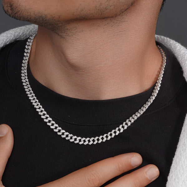Rhodium Plated Sterling Silver CZ Encrusted Curb Chain 7.2mm