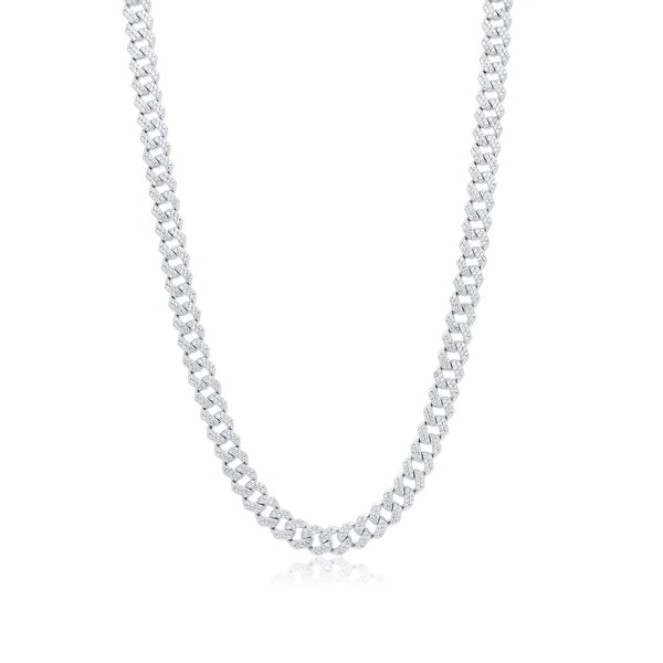 Rhodium Plated Sterling Silver CZ Encrusted Curb Chain 7.2mm