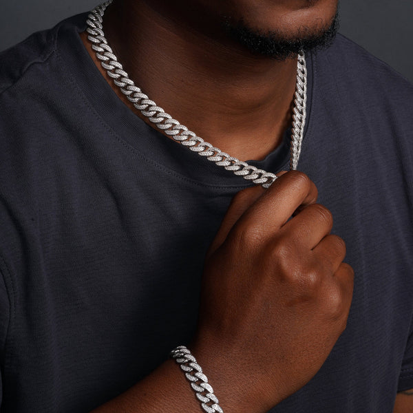 Rhodium Plated Sterling Silver CZ Encrusted Curb Chain 11.7mm
