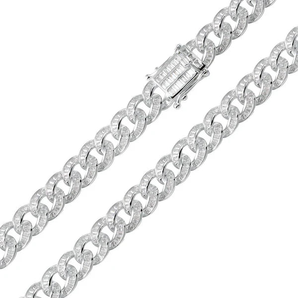 Rhodium Plated Sterling Silver Baguette CZ Encrusted Curb Chain 0.9mm