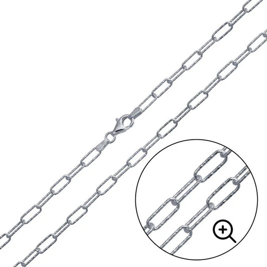 Rhodium Plated Sterling Silver Diamond Cut Paperclip Link Chain 3.2mm