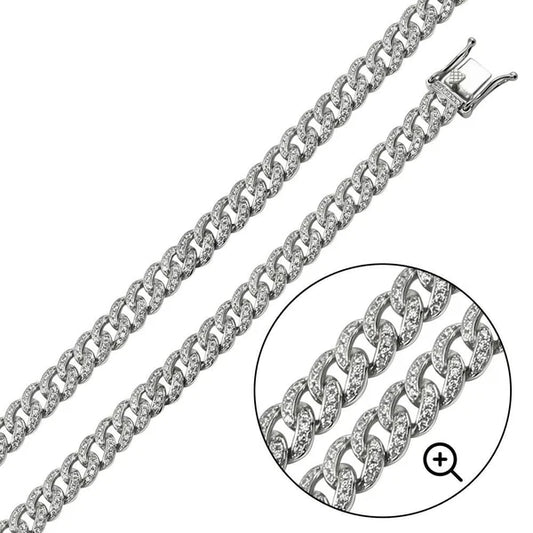 Rhodium Plated Sterling Silver CZ Encrusted Curb Chain 8.9mm