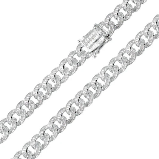 Rhodium Plated Sterling Silver Baguette CZ Encrusted Curb Chain 0.9mm